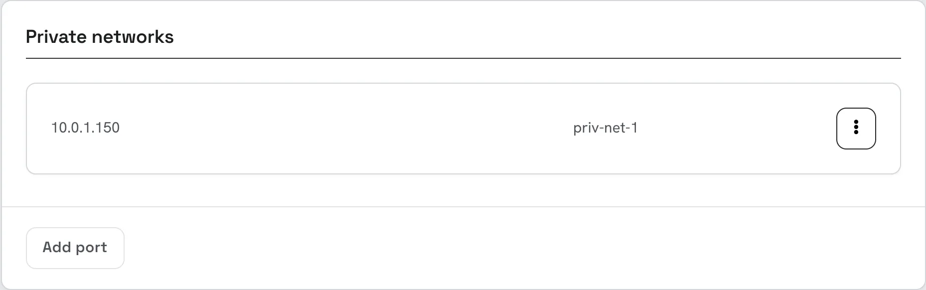 The Private networks card on a server's Networking tab